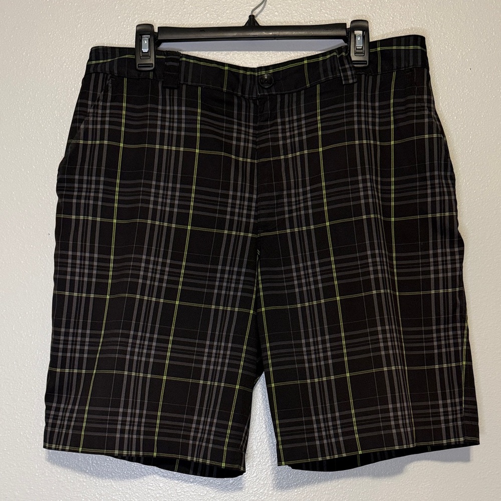 Under Armour Men's Black Plaid Flat Front Shorts with Lime and Gray Lines